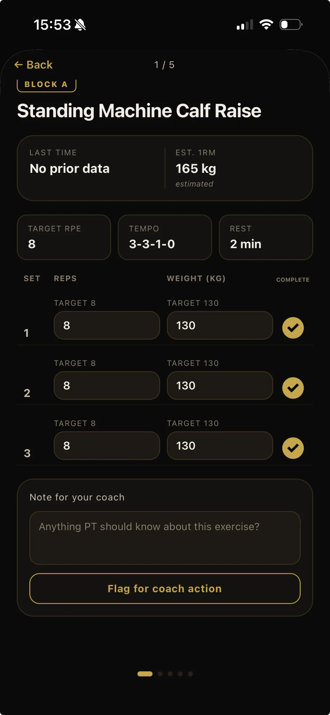 Hidden PT Co. client app — workout tracking screen